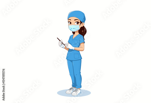 Young Asian nurse holding a clipboard and pen in blue scrubs  