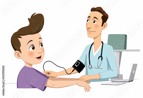 Doctor checking blood pressure of happy boy in clinic  