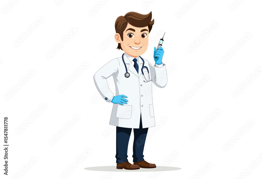 Cartoon doctor smiling and holding a syringe in a medical outfit Cartoon doctor smiling and holding a syringe in a medical outfit