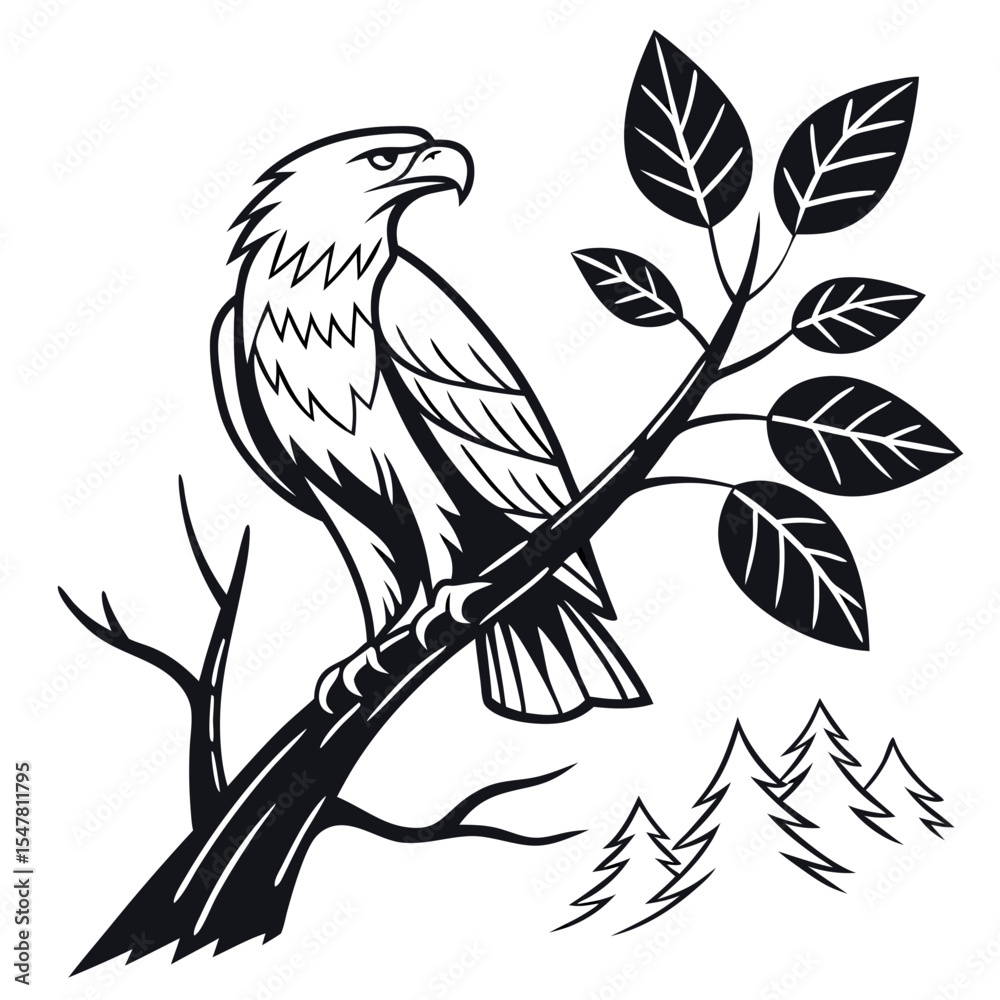 Naklejka premium An eagle perched on a tree branch in a natural setting with its wings spread, showcasing its feathers and sharp beak 