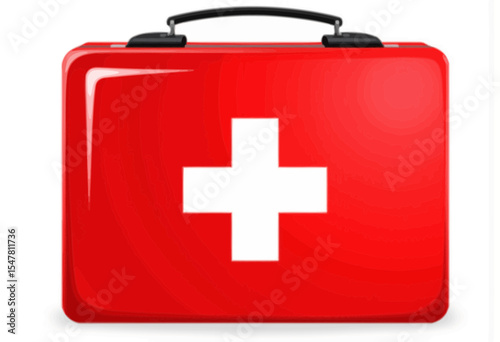Red first aid kit with white cross symbol on a plain background  