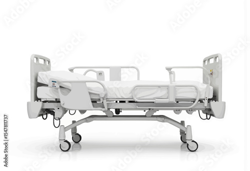 Hospital bed on wheels with adjustable height and white linens  