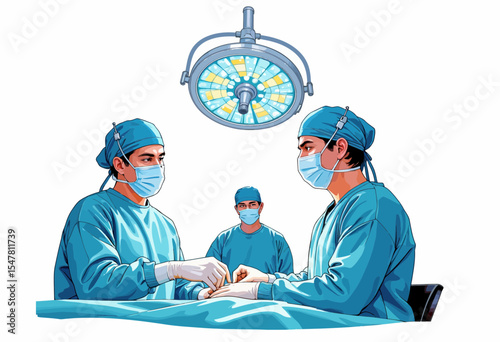 Two surgeons performing surgery under bright operating lights  