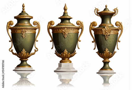 Elegant decorative vases with gold accents and green finish  