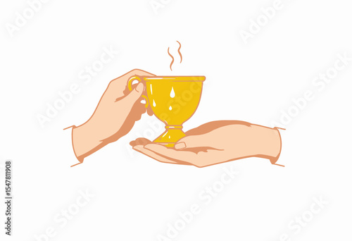 Hands holding yellow cup with steam on white background  
