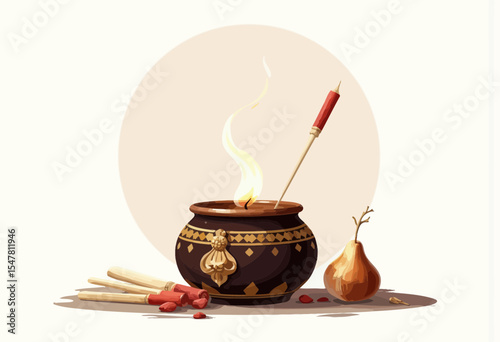 Aromatic incense burner with smoke and spices on neutral background  