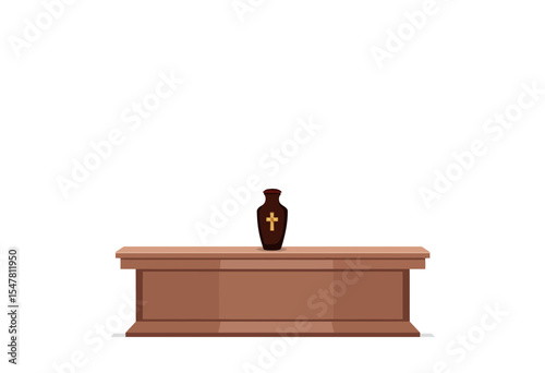 Wooden altar with urn and cross symbol on white background  