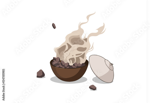 Cartoon bowl with steaming food and scattered stones on white background  