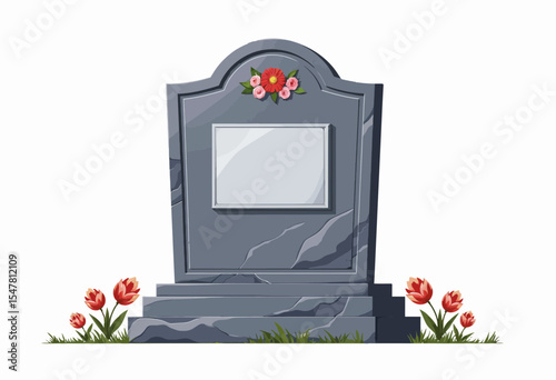Stone tombstone with flowers in minimalist design  