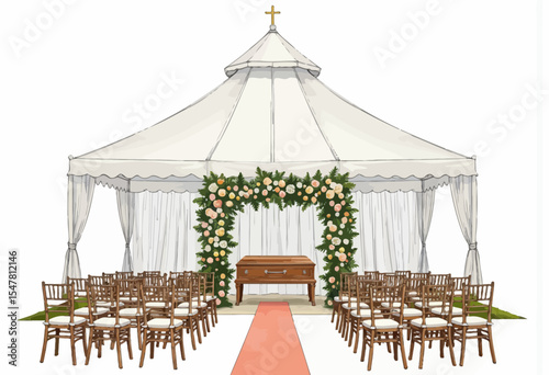 Funeral tent with floral arrangement and wooden casket on display  
