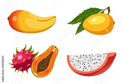 Colorful tropical fruits including mango, dragon fruit, and papaya  