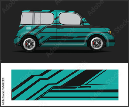 Modern Car Wrap Design Teal Vehicle with Black Geometric Stripes