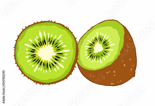 Sliced kiwi fruit with green flesh and brown skin on white background  