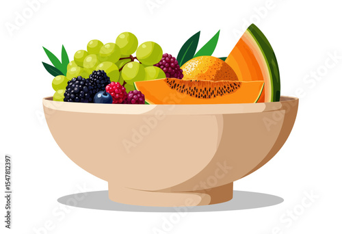 Bowl of assorted fresh fruits including grapes, berries, and melon  