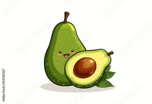 Cute avocado character with smiling face and half fruit beside it  