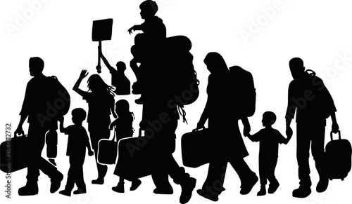 Silhouette of war refugees walking with luggage and children vector style on white background