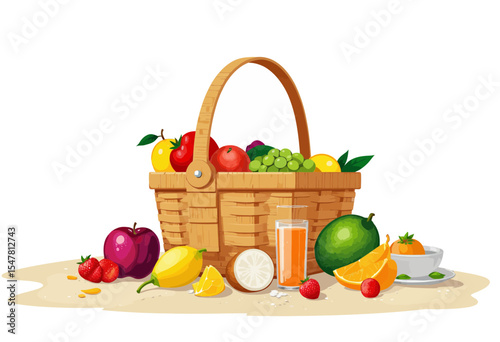 Fresh fruit basket with assorted fruits and juice on white background  