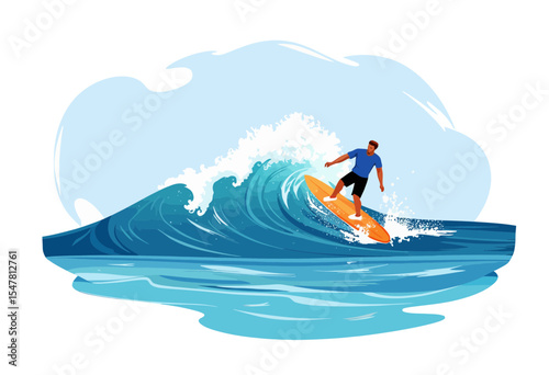 Surfer riding a wave in ocean with blue skies overhead  