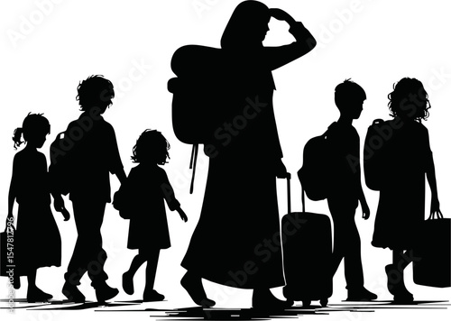 Silhouette of war refugees walking with luggage and children vector style on white background