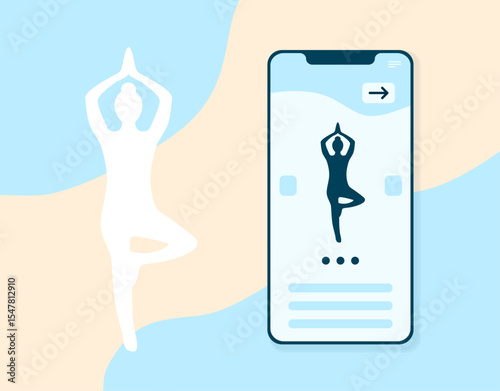 Layout of an online yoga app for smartphones and tablets. Silhouette of a young woman practicing meditation. Background image for web pages with fitness lessons.