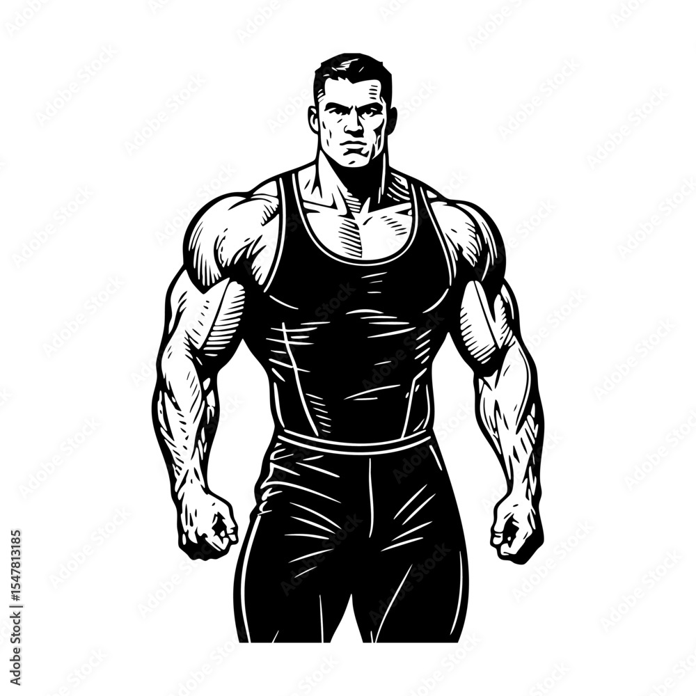 Fototapeta premium Bodybuilder sketch engraving black and white outline. Scratch board imitation.