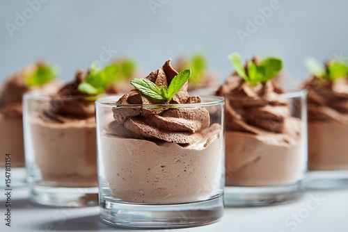 Elegant chocolate mousse desserts served in clear glasses, garnished with fresh mint leaves, presented in a light and inviting food photography style.