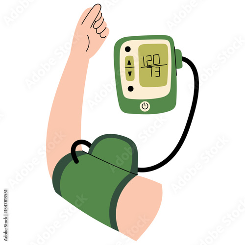 Arm with an automatic blood pressure monitor. The screen displays high blood pressure numbers, indicating hypertension. Flat medical illustration for healthcare, cardiology and hypertension awareness