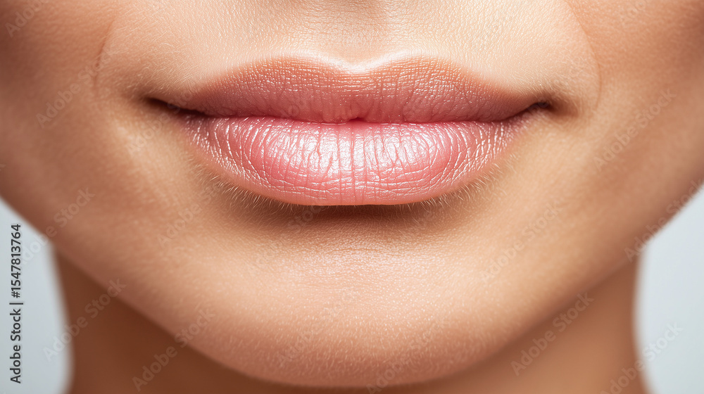 Fototapeta premium Close up of smooth lips with natural pink tone and soft skin texture showing gentle expression and healthy appearance