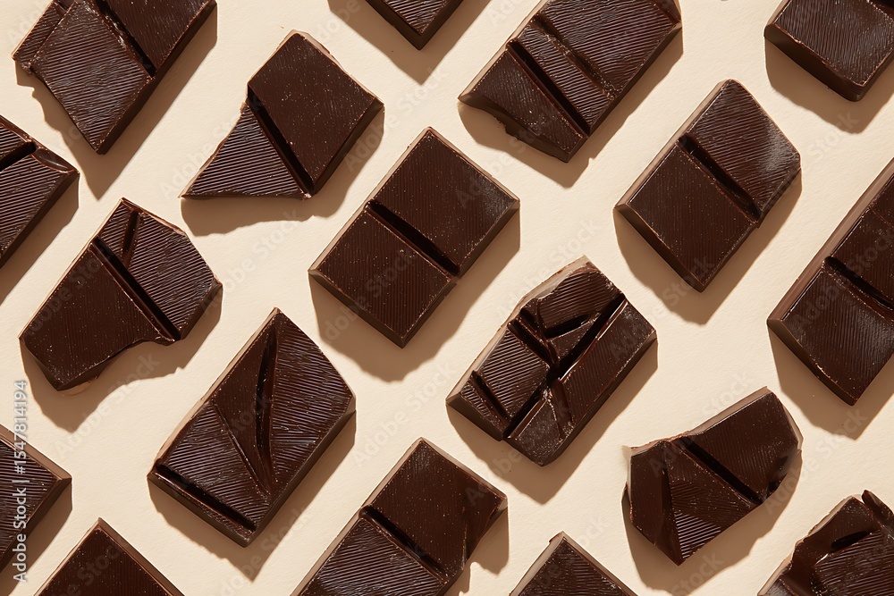 Fototapeta premium A minimalist flat lay of dark chocolate pieces arranged diagonally on a beige background, creating a delicious and elegant pattern.