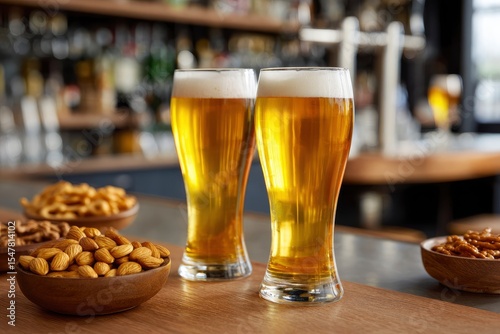 Two full beer glasses sit on a table with snacks bar background
