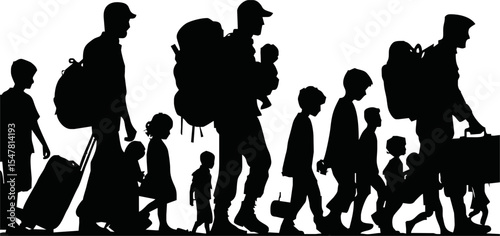 Silhouette of war refugees walking with luggage and children vector style on white background