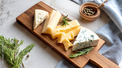 Artistic display of gourmet cheeses with fresh herbs on a wooden board in a contemporary kitchen setting