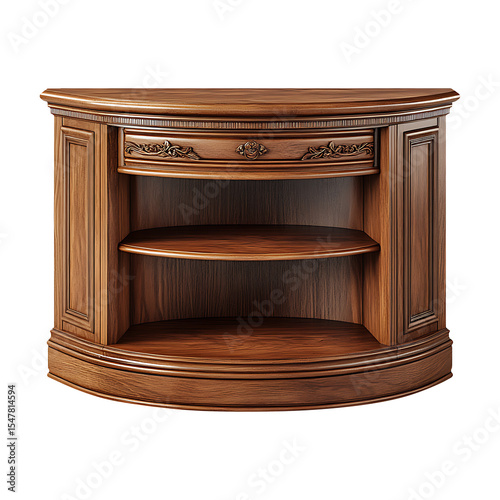 Classic wooden corner tv stand with shelves isolated on transparent background