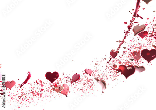 Falling red and pink hearts isolated on transparent background. Valentine’s day design. 3D rendering