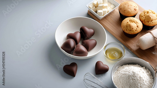 Delightful baked creations with heart-shaped chocolates and sweet ingredients in a cozy kitchen setting