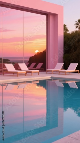 Modern Poolside Retreat at Sunset with Pink Sky Reflection