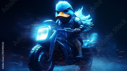 A blue duck with wings is riding a motorcycle 