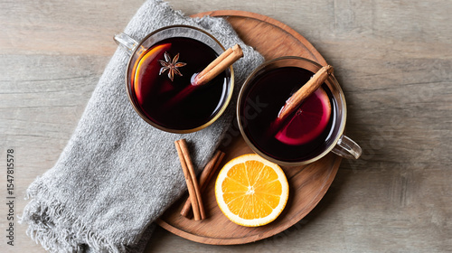 Cozy gathering over warm spiced beverages with hints of citrus on a wooden platter