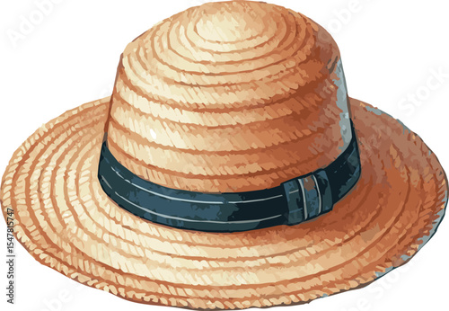 Watercolor Vector Illustration of a Straw Hat with Ribbon