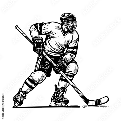 Hockey player sketch engraving black and white outline. Scratch board imitation.