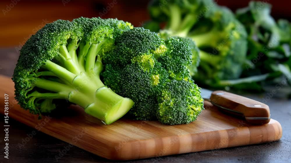 Fresh broccoli florets on a wooden cutting board