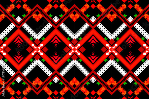 A seamless ethnic fabric pattern featuring striking chevron shapes and symmetrical motifs in vivid red, black, and white. Ideal for apparel prints, cultural designs, and decorative backgrounds.