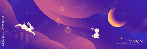 Mid-Autumn Festival. Jumping rabbits, full moon. Delicate purple background. Chuseok, Chinese translation Mid-Autumn. Banner, background and poster. Vector