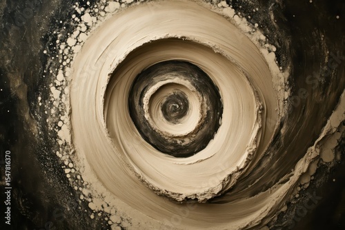 minimal beige chalk swirl rotating in broken spiral on dark background.