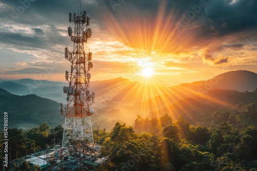 A modern cell tower standing tall in a rural landscape, with a vibrant sunset in the background. The tower represents fast internet connectivity in remote areas.