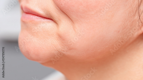Close up of lower face showing skin texture and chin line with natural wrinkles and soft lighting on fair skin