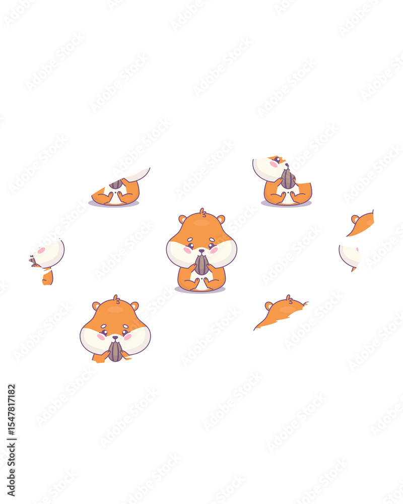 Naklejka premium Playful cartoon hamsters enjoying sunflower seeds, arranged on a white background.