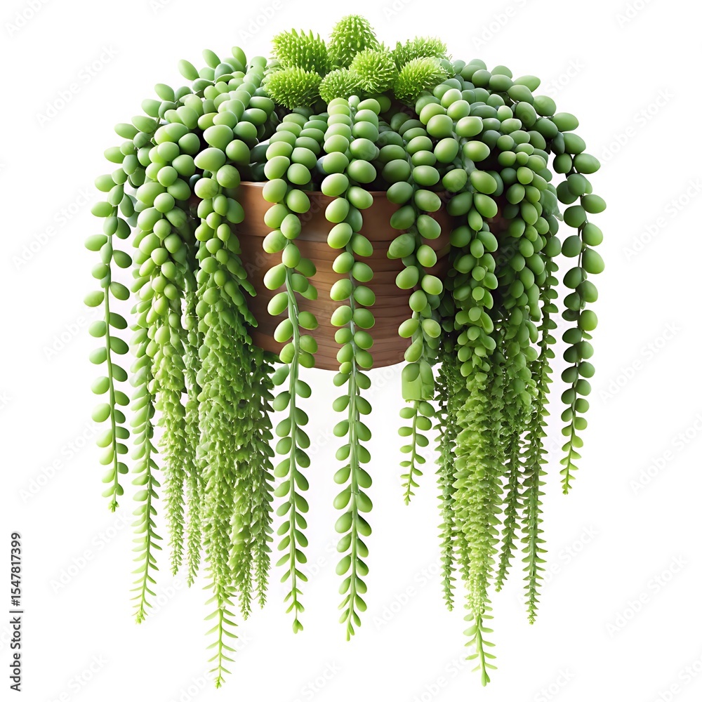 Naklejka premium String of Pearls and Pickle Plant Succulents in Hanging Pot on White