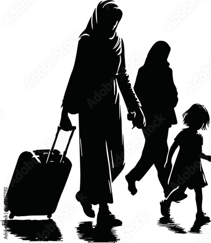 Silhouette of war refugees walking with luggage and children vector style on white background