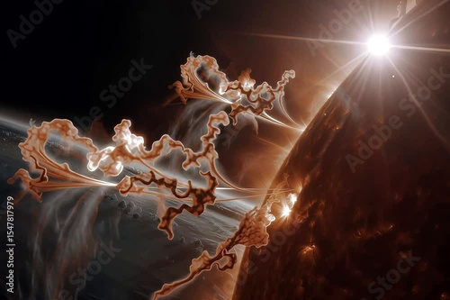 Dramatic solar prominence eruption with a bright solar flare on the Sun’s surface. Ideal for astronomy, space, science, and astrophysics concepts.